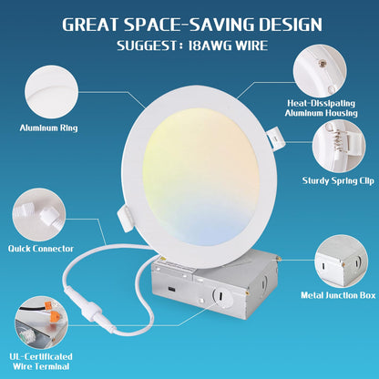 YRPOPP 12 Pack 6 Inch Led Recessed Lights with Junction Box 1100LM Brightness LED Ceiling Light 5CCT Dimmable Recessed Led Lights for Ceiling, 12W Eqv 120W