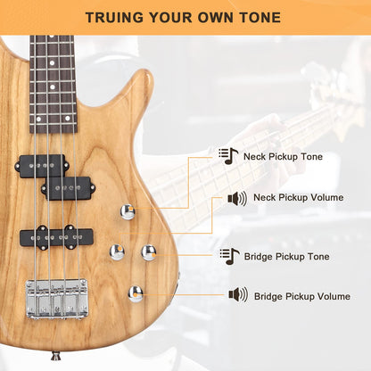 GLARRY Electric Bass Guitar Full Size 4 String Exquisite Stylish Bass with Power Line, Bag and Wrench Tool (Natural Wood)