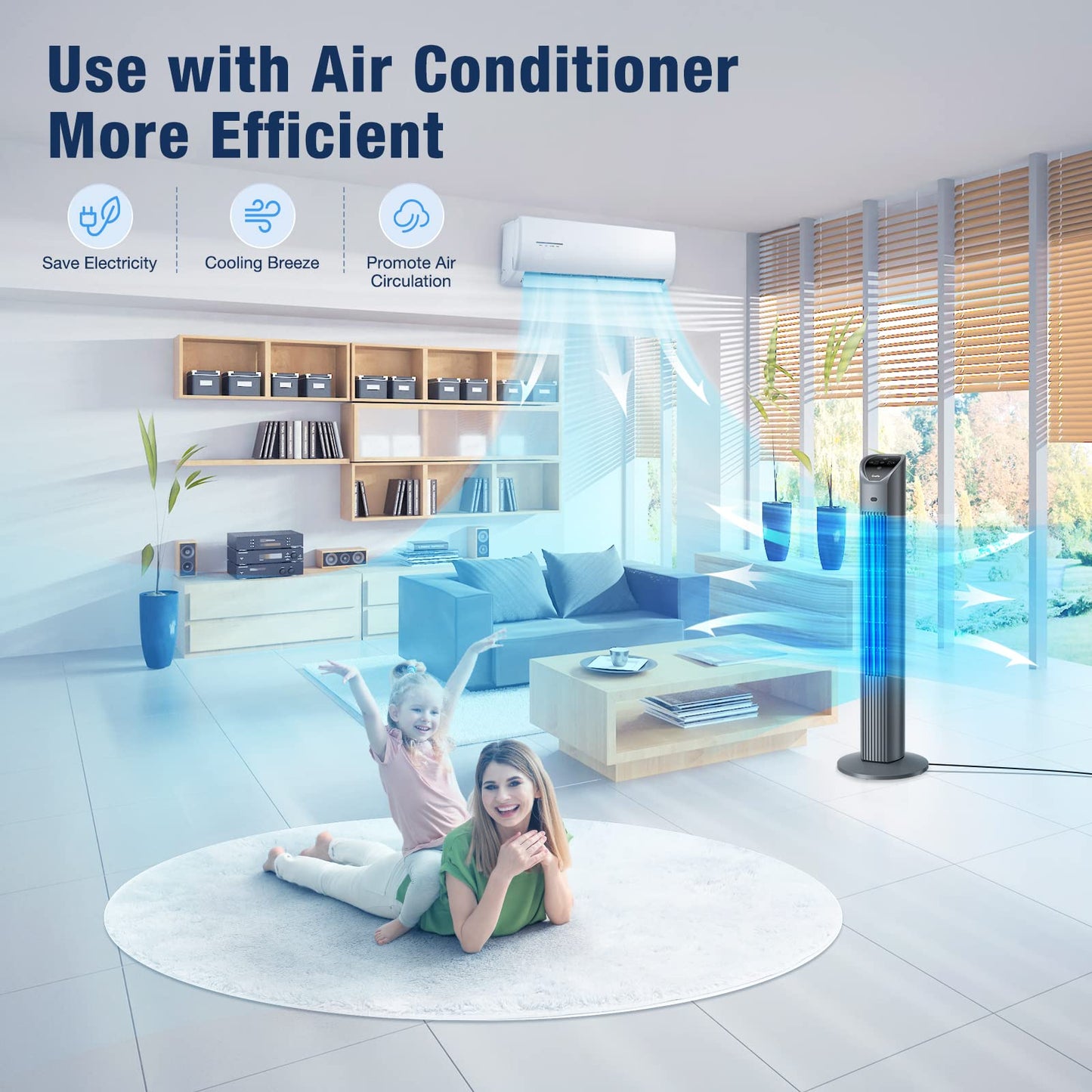 VCK Tower Fan, 80° Oscillating Fans with Remote, 36'' Quiet Cooling Fan,Adjustable 3 Speeds,4 Mode,12H Timer, LED Display with Auto Off,Standing Bladeless Floor Fan for Bedroom Home Office