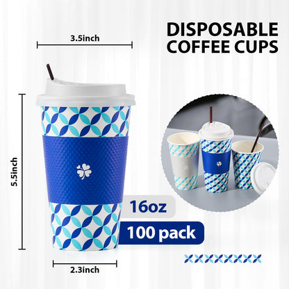 Tamone 100 PACK 16OZ Disposable Coffee Cups with Lids, Sleeves and Stirrers, To Go Coffee Cups with Lids Leak Proof, Blue Coffee Cups for Cold/Hot Beverage Chocolate Cocoa for Home Office