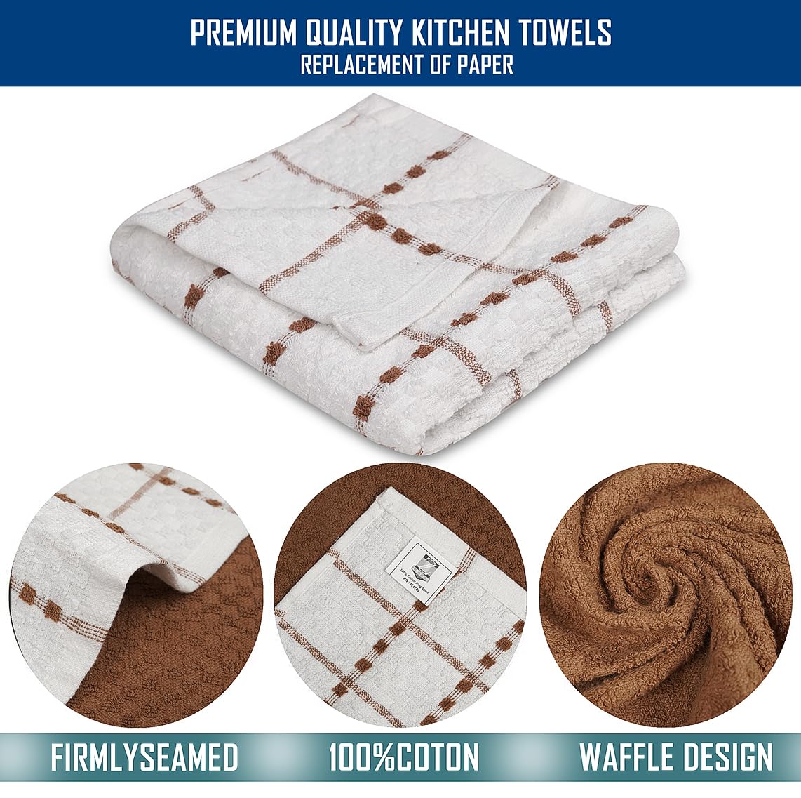 ZOYER 100% Cotton Kitchen Towels, 15x25 Inches, Set of 12, Dish Towels for Kitchen, Washable Dish Cloths, Soft Tea Towels, Super Absorbent for Cleaning, Dishcloth for Quick Drying - Brown & White