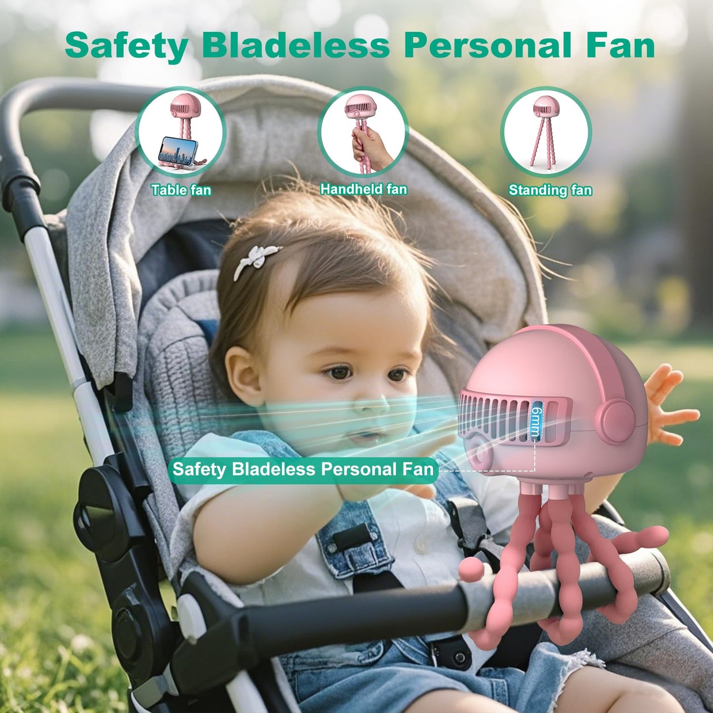 Portable Baby Stroller Fans, 4000mAh Battery, 3-Speed Cooling Fan with Safety Net, Low Noise, Compact & Multifunctional for Stroller/Crib/Car/Desktop/Camping - Baby Stroller Cooling Fans (Pink)