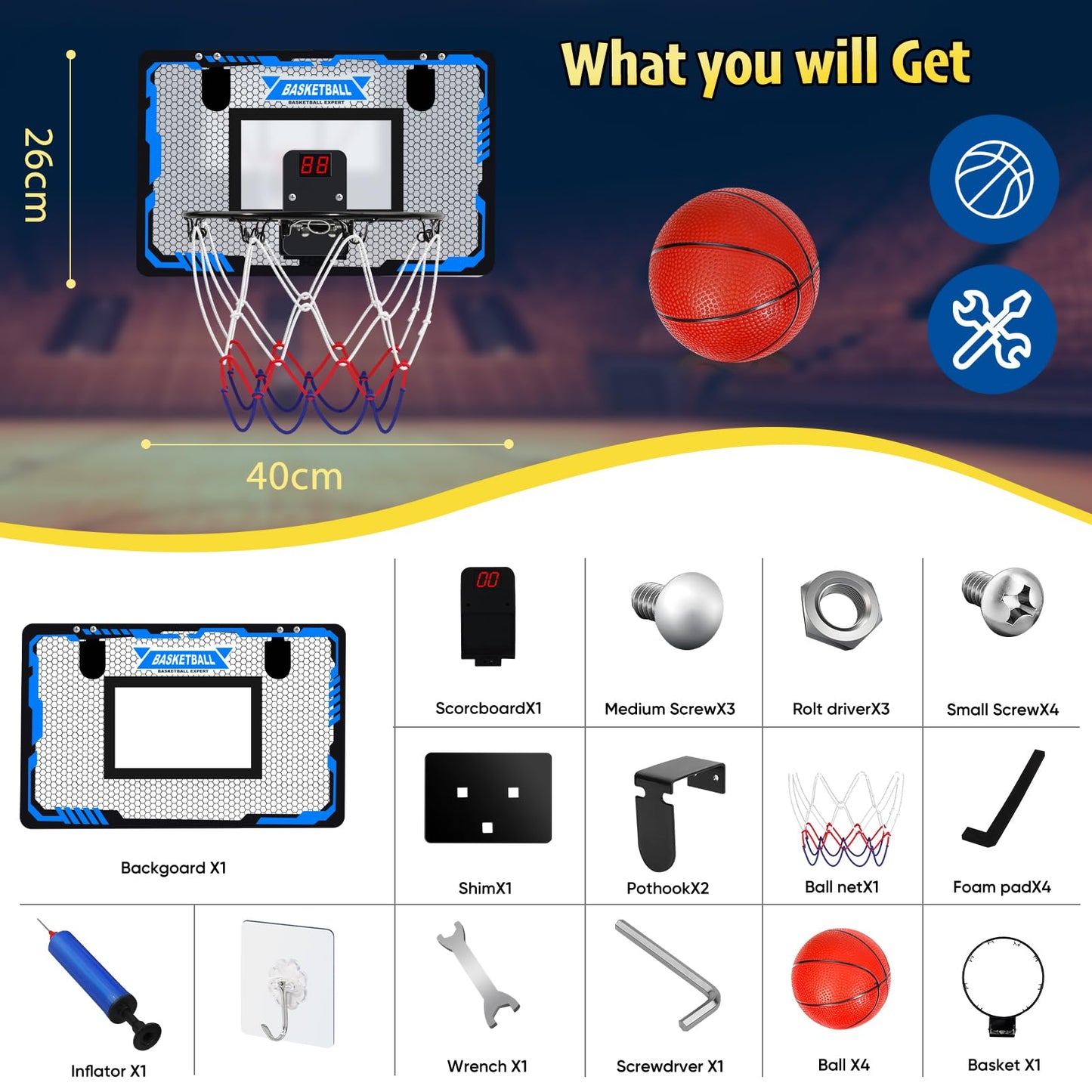 Sports Mini Basketball Hoops - Kids Indoor Over The Door Mini Hoop + Basketball Sets - Perfect Game Accessory for Bedroom + Offic-Sports & Outdoor Play Toys Room Game