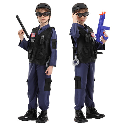 Kodvinp Police Officer Costume for Kids, SWAT Costume for Boys with Vest, Complete Halloween Costumes for Kids 3-10-12