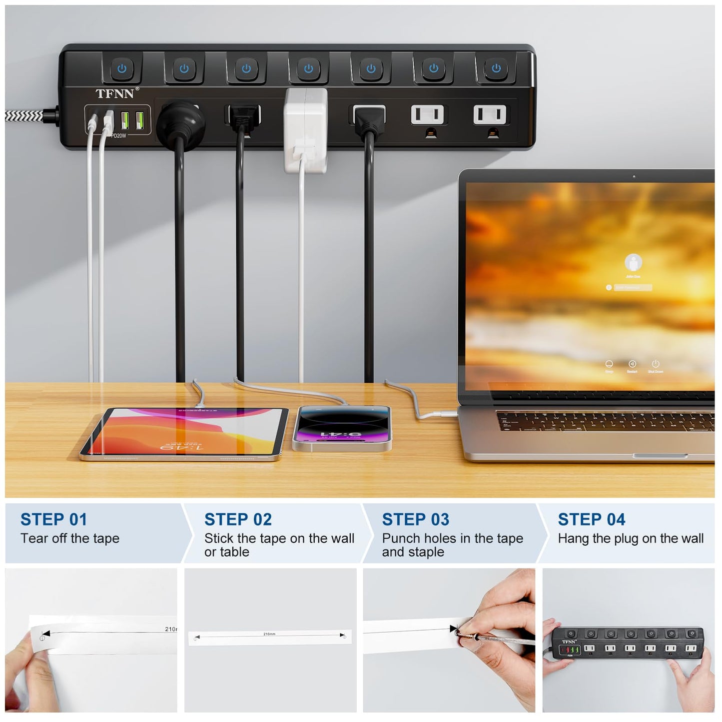 Power Strip with USB Ports,5FT Total 70W 4 USB Charging Station,USB-C(PD 20W) 3USB-A(QC20W*1,5V3A*2),Individually Switchable 1875W Extension Cord with 6 Outlets,Overload Protection