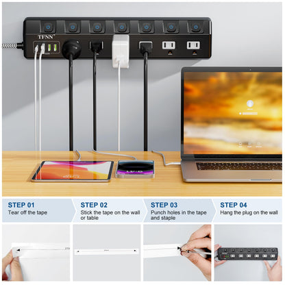 Power Strip with USB Ports,5FT Total 70W 4 USB Charging Station,USB-C(PD 20W) 3USB-A(QC20W*1,5V3A*2),Individually Switchable 1875W Extension Cord with 6 Outlets,Overload Protection