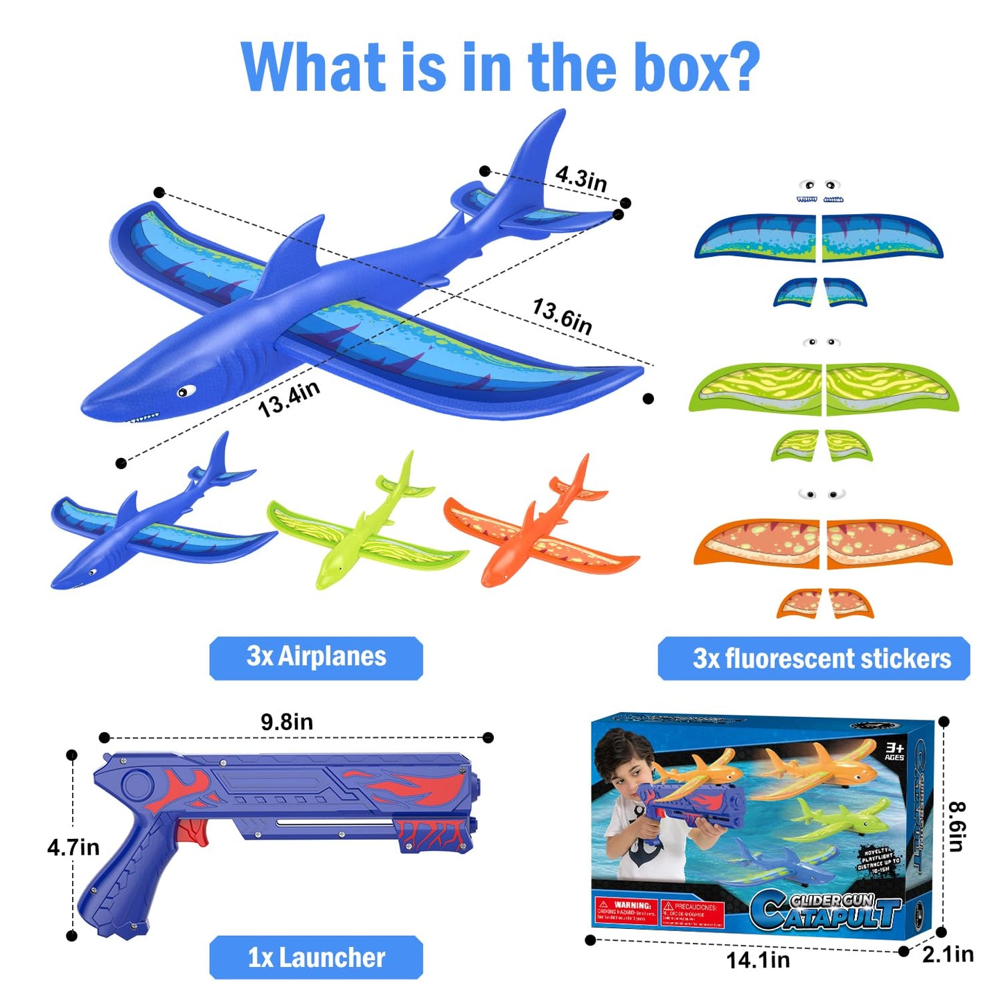 UNCANZEA 3 Pack Dreamy Ocean Foam Airplane Launcher Toys, Gliders with Fluorescent Stickers, Outdoor Flying Toys Birthday Gifts for Boys Girls 3 4 5 6 7 8 9 10 11 12 Year Old