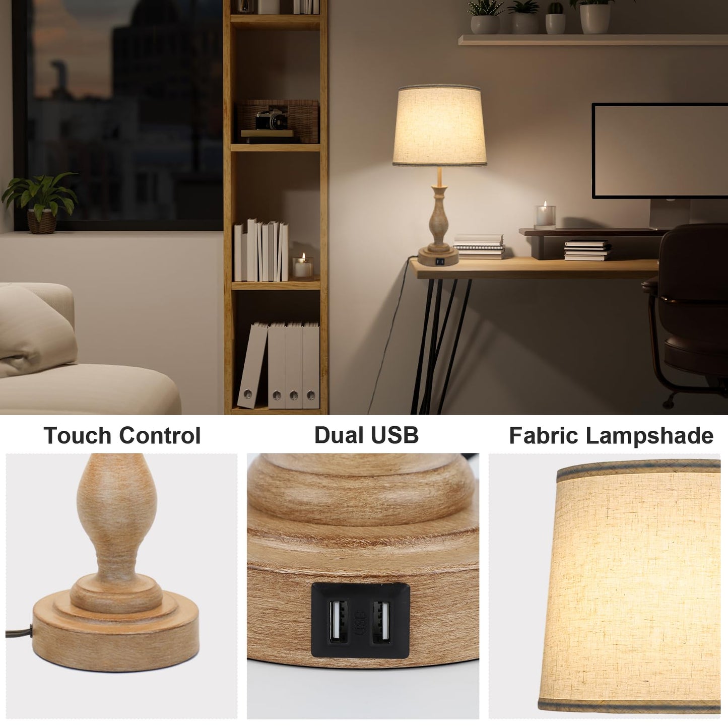 Touch Lamps for Bedrooms Set of 2, Farmhouse Table Lamp with Dual USB Charging Ports, 3 Way Dimmable Nightstand Lamps with Linen Fabric Lampshade for Bedroom, Living Room (Pack2-01A)