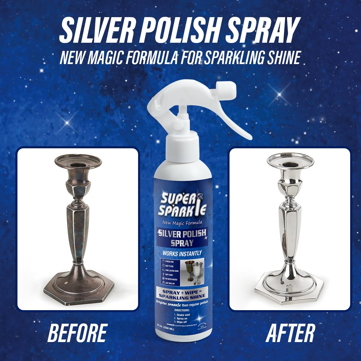 SUPER SPARKLE Silver Polish Cleaner Spray 8 Ounce - Instant Tarnish Remover & Long-Lasting Shine For Sterling Silver - Silver Cleaner Polish For Sterling Silverware - Safely Cleans & Removes Tarnish