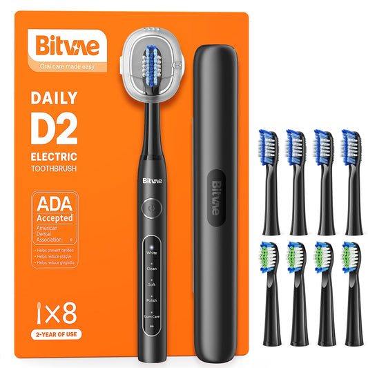 Bitvae ADA Accepted Electric Toothbrush, Travel Toothbrush Rechargeable for Adults and Kids, 60-Day Battery, 5 Modes, 8 Heads, Portable Travel Case & Holder, Shadow Black