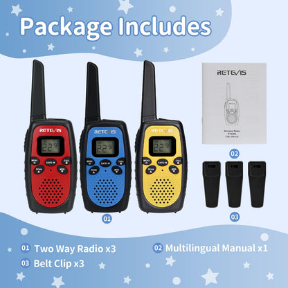 Retevis RT628S Walkie Talkies for Kids, RT628 New Version, Safe Mode 2 Way Radio, Long Rang Walkie Talkies for Adults,Toys Gifts for Boys Girls,Camping Hiking Travel School(3 Pcs Red Blue Yellow)