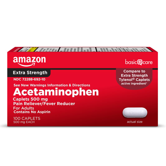 Amazon Basic Care Extra Strength Pain Relief, Acetaminophen Caplets, 500 mg, Pain Reliever/Fever Reducer, 100 Count (Packaging may vary)