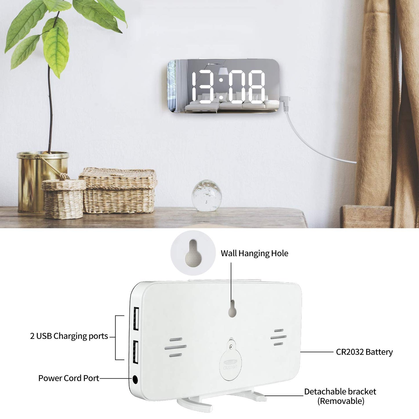 WulaWindy Digital Alarm Clock, Large Mirrored LED Display, with USB Charger, Snooze Function Dim Mode Wall Hanging Beside Desk Clock for Bedroom Room Decor