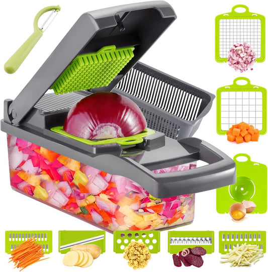 DLD Vegetable Chopper, 12 in 1 Professional Mandoline Slicer for Kitchen, Multifunctional Food Chopper Cutter for Onion, Potato, Tomato, Veggie with 8 blades and Strainer Basket (Gray)
