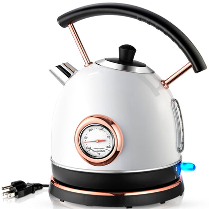 Pukomc Retro Electric Kettle Stainless Steel 1.7L Tea Kettle, Hot Water Boiler with Temperature Gauge, Led Light, Fast Boiling, Auto Shut-Off&Boil-Dry Protection (White)