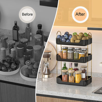 JNFUZ 3 Tier Kitchen Countertop Organizer, Counter Shelf Spice Rack Kitchen Shelves Storage Seasoning Coffee Station Organization for Cabinet Fruit Basket Bathroom Countertop Rack (Black, 3 Tier)