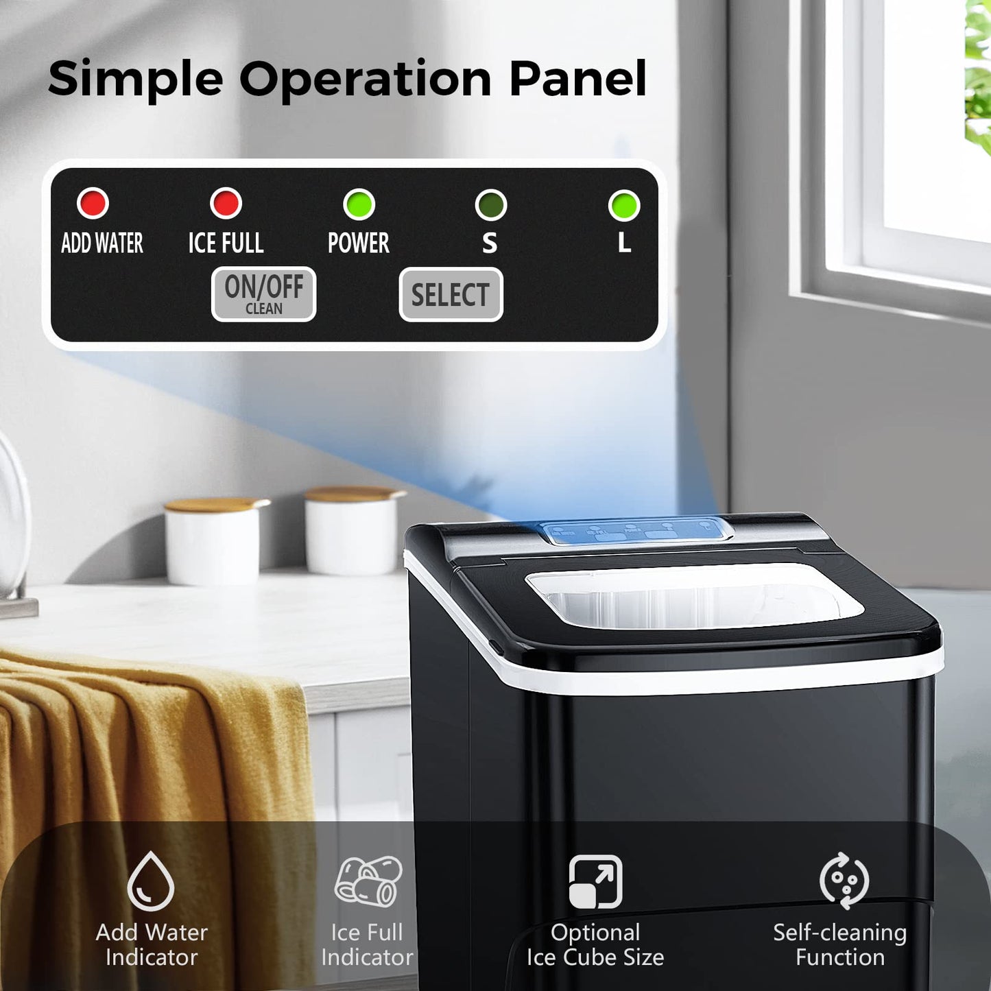 AGLUCKY Ice Makers Countertop with Self-Cleaning, 26.5lbs/24hrs, 9 Cubes Ready in 6~8Mins, Portable Ice Machine with 2 Sizes Bullet Ice/Ice Scoop/Basket for Home/Kitchen/Office/Bar/Party, Black