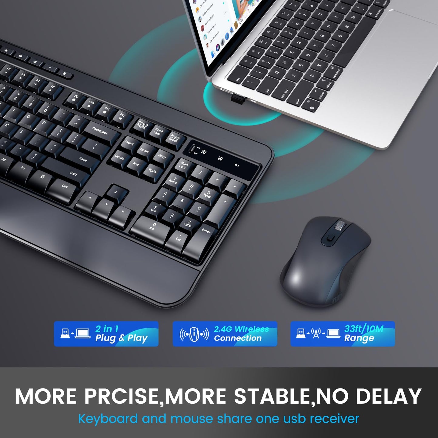 VEILZOR Wireless Keyboard and Mouse Combo, Full-Size 2.4G Ergonomic Computer Keyboard with Wrist Rest, 12+10 Multimedia Hotkeys, 4-Level 2400 DPI Wireless Mouse for Laptop/PC/Desktop,Windows/Mac OS