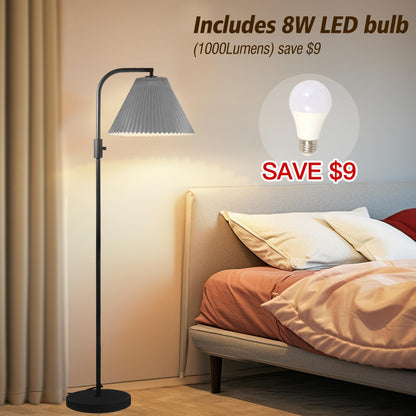 COFF Dimmable Floor Lamp, Arc Standing Lamp with 1000 Lumens LED Edison Bulb Included, Pleated Shade Modern Tall Pole Lamp for Living Room, Bedroom, Office, Color Gray