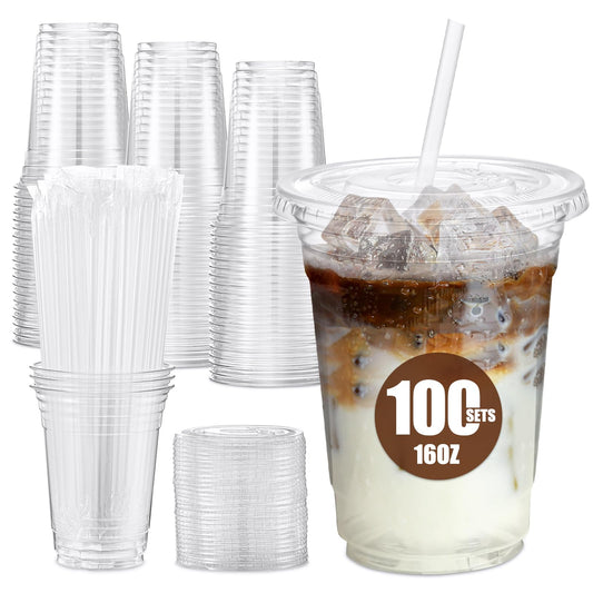 100 Pack Disposable Iced Coffee Cups with Lids