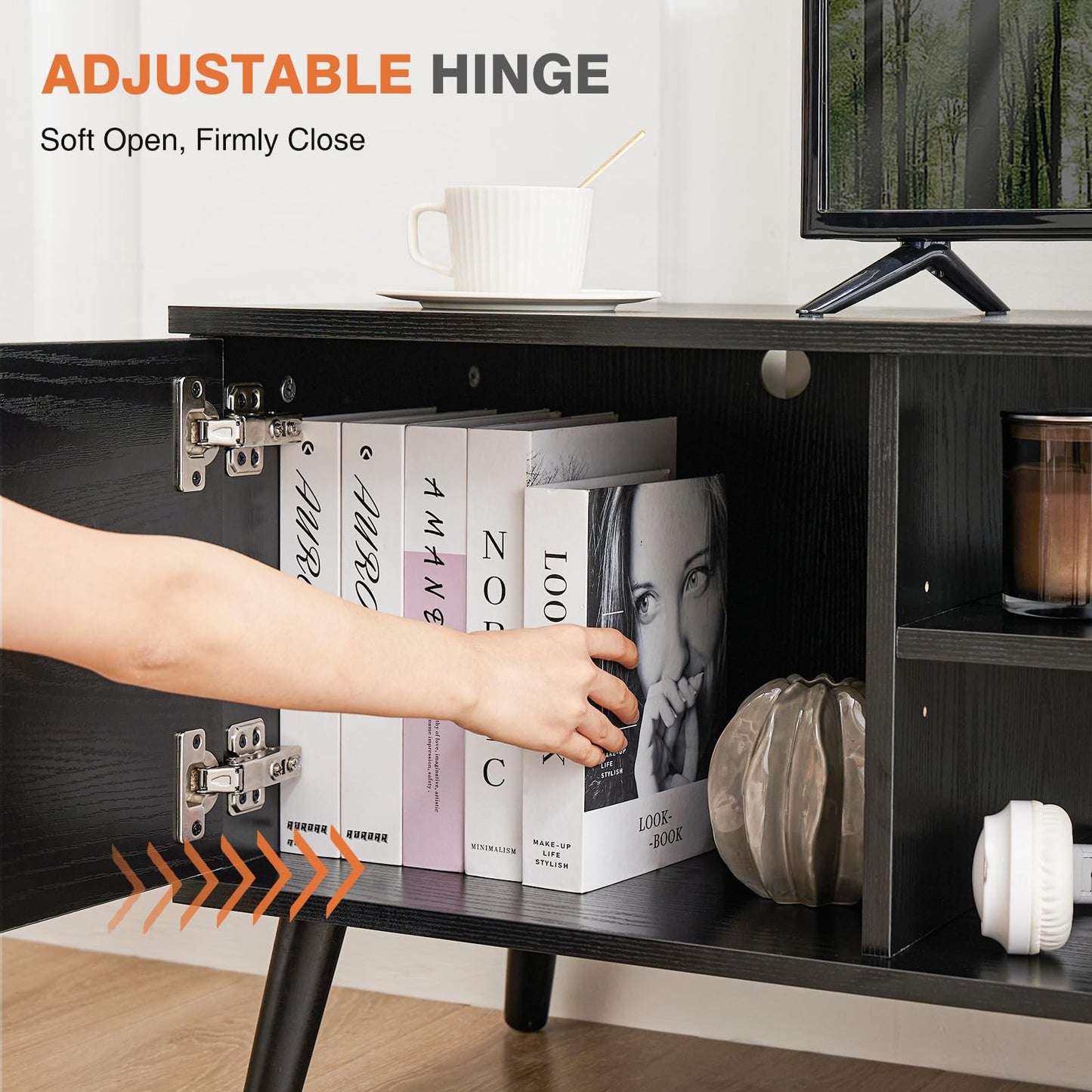 Sweetcrispy TV Stand for 55 60 inch Television, Entertainment Center with Storage, 2 Cabinet Media Console Table, Soft Hinge Door with Handle, Wood Feet, Living Room, Bedroom Furniture, Black