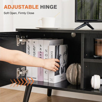 Sweetcrispy TV Stand for 55 60 inch Television, Entertainment Center with Storage, 2 Cabinet Media Console Table, Soft Hinge Door with Handle, Wood Feet, Living Room, Bedroom Furniture, Black