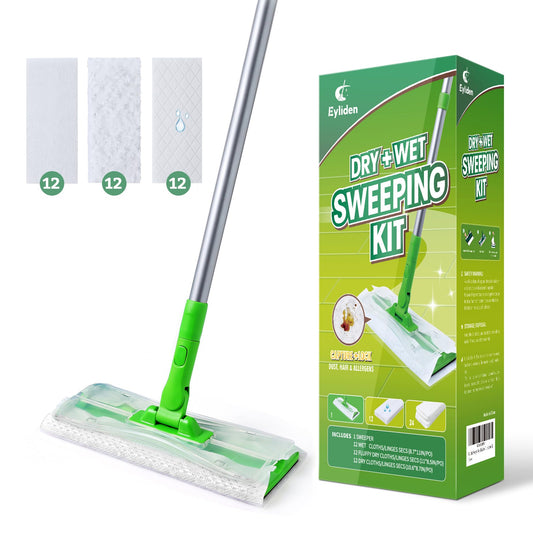 Eyliden Sweeper Mop - Lock Tight Design No Lost Pads - 36 Disposable Dry & Wet Cloths, Dust Mop Starter Kit for Pet Hair, Hardwood Floors, 360 Swivel, Universal Refills, Efficient Floor Cleaning