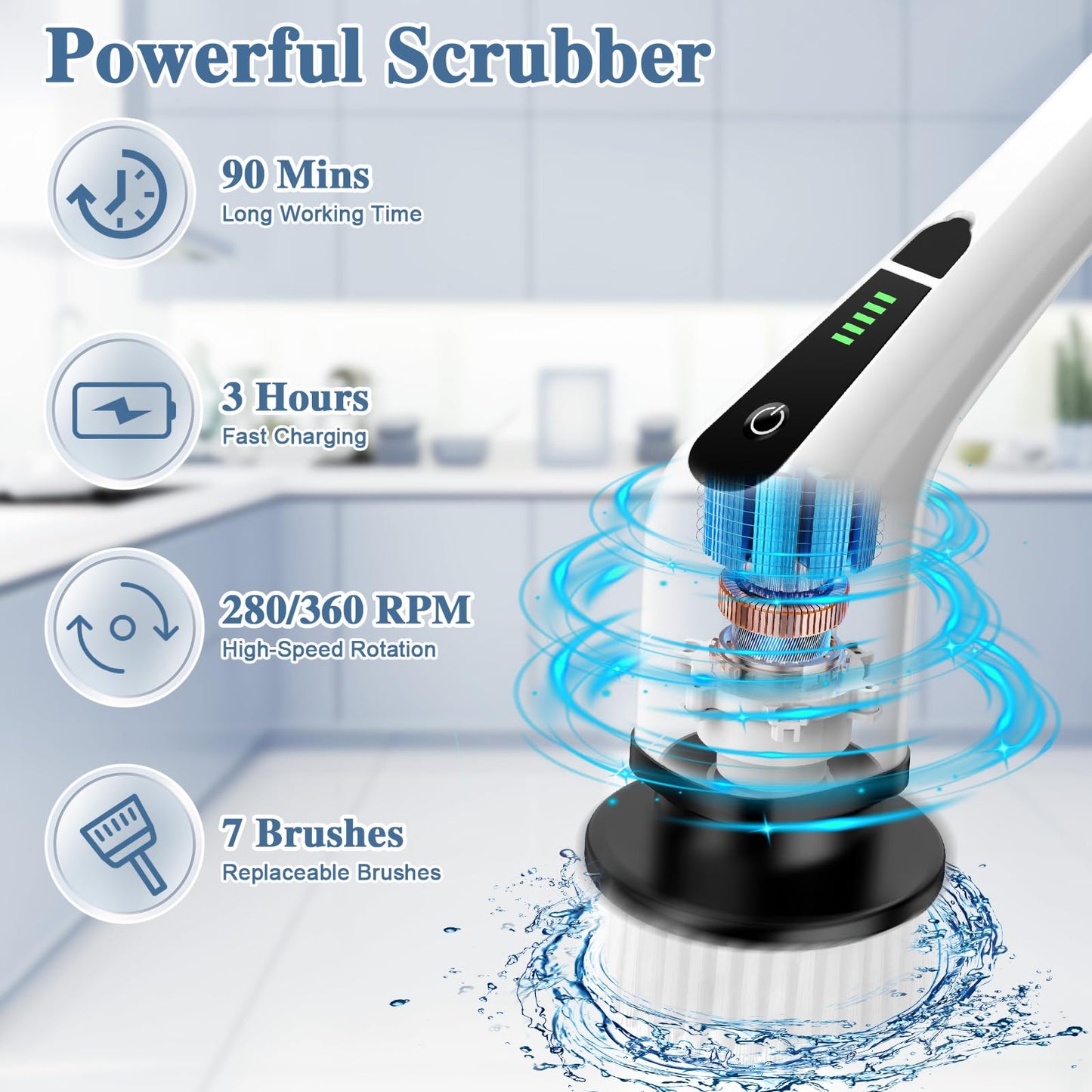 Guiseapue Electric Spin Scrubber, Cordless Cleaning Brush, Shower Cleaning Brush with Adjustable Extension Arm 7 Replaceable Brush Heads, Power Shower Scrubber for Bathroom, Tub, Tile, Floor, Glass