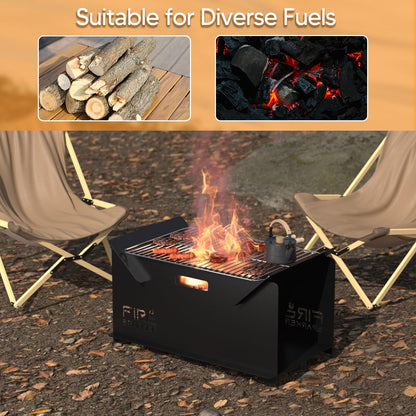Small Rectangle Portable Fire Pit, 23.6'' Wood Burning Firepit Stove, Heavy Duty Cast Iron Patio Fire Pit, Garden Fireplace for Camping, Outdoor Heating, BBQ and Picnic, Black