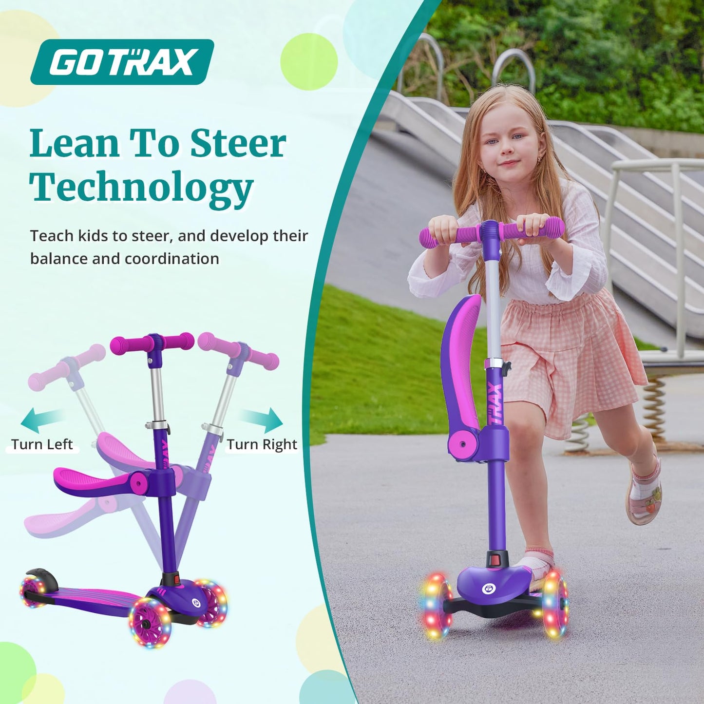 Gotrax KS3 Kids Kick Scooter, LED Lighted Wheels, Adjustable Height Handlebars and Removable Seat, Lean-to-Steer & Widen Anti-Slip Deck, 3 Wheel Scooter for kids Ages 2-8 and up to 100 Lbs (Purple)