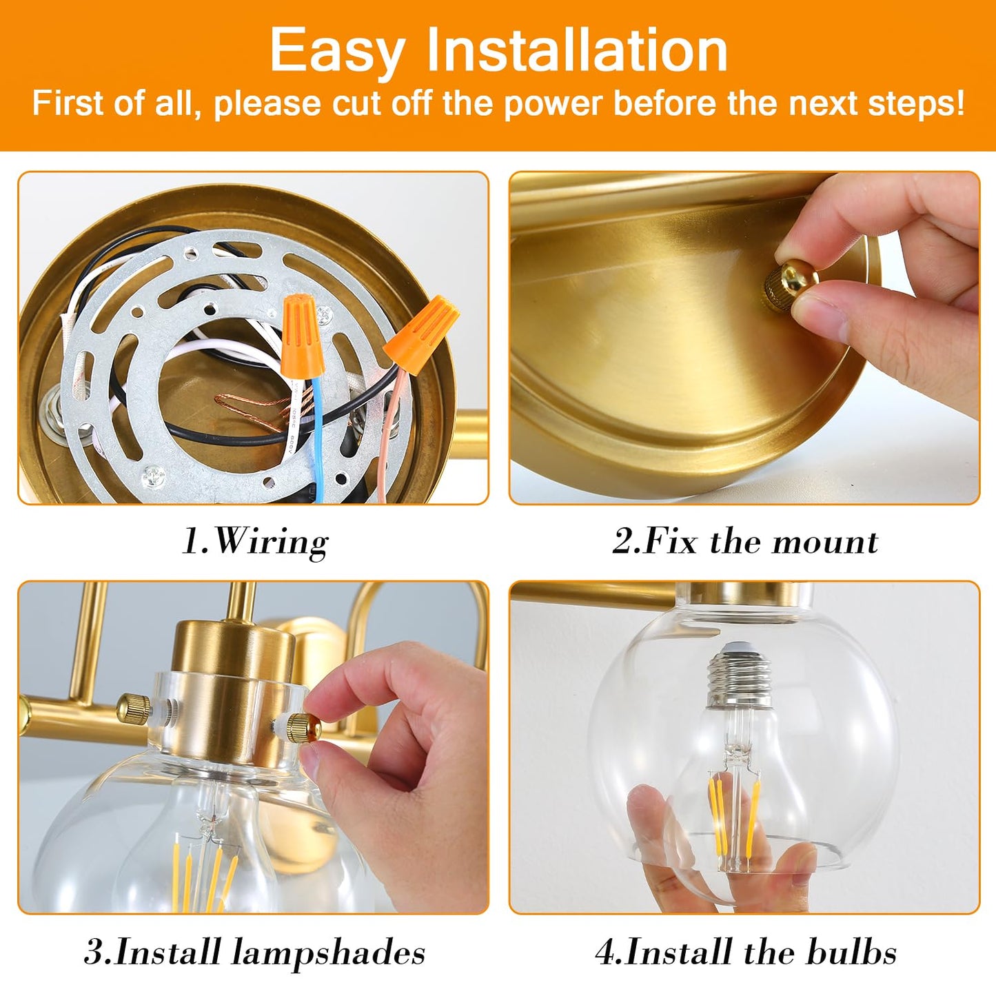 3-Light Vanity Light, Brushed Brass Bathroom Light Fixtures, Farmhouse Wall Sconces with Globe Clear Glass Shade, Porch Wall Mount Lamp for Mirror, Kitchen, Porch, Living Room, Workshop (E26 Base)