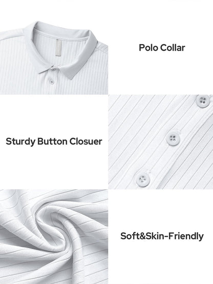 hawalili Men's Polo Shirts Short Sleeve V Neck Ribbed Knit Button Up Slim Fit Golf Muscle Blouse Tee White-M