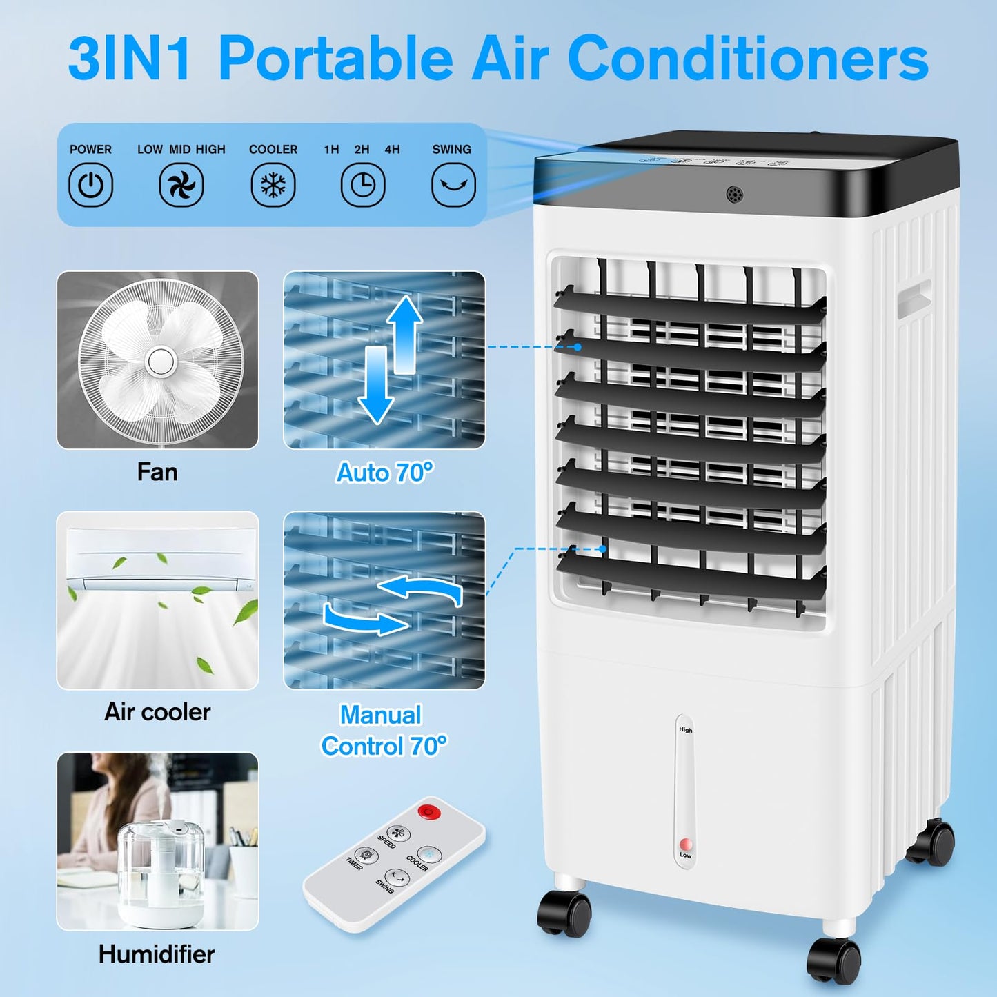 Portable Air Conditioners,20H Cooling Time Room Air Conditioners,3 IN 1 Swamp Cooler with 3.2 Gal Water Tank,Ac Unit with Timer,3 Speeds,75° Oscillation,Air Cooler for Room/Kitchen/Bedroom/Garage