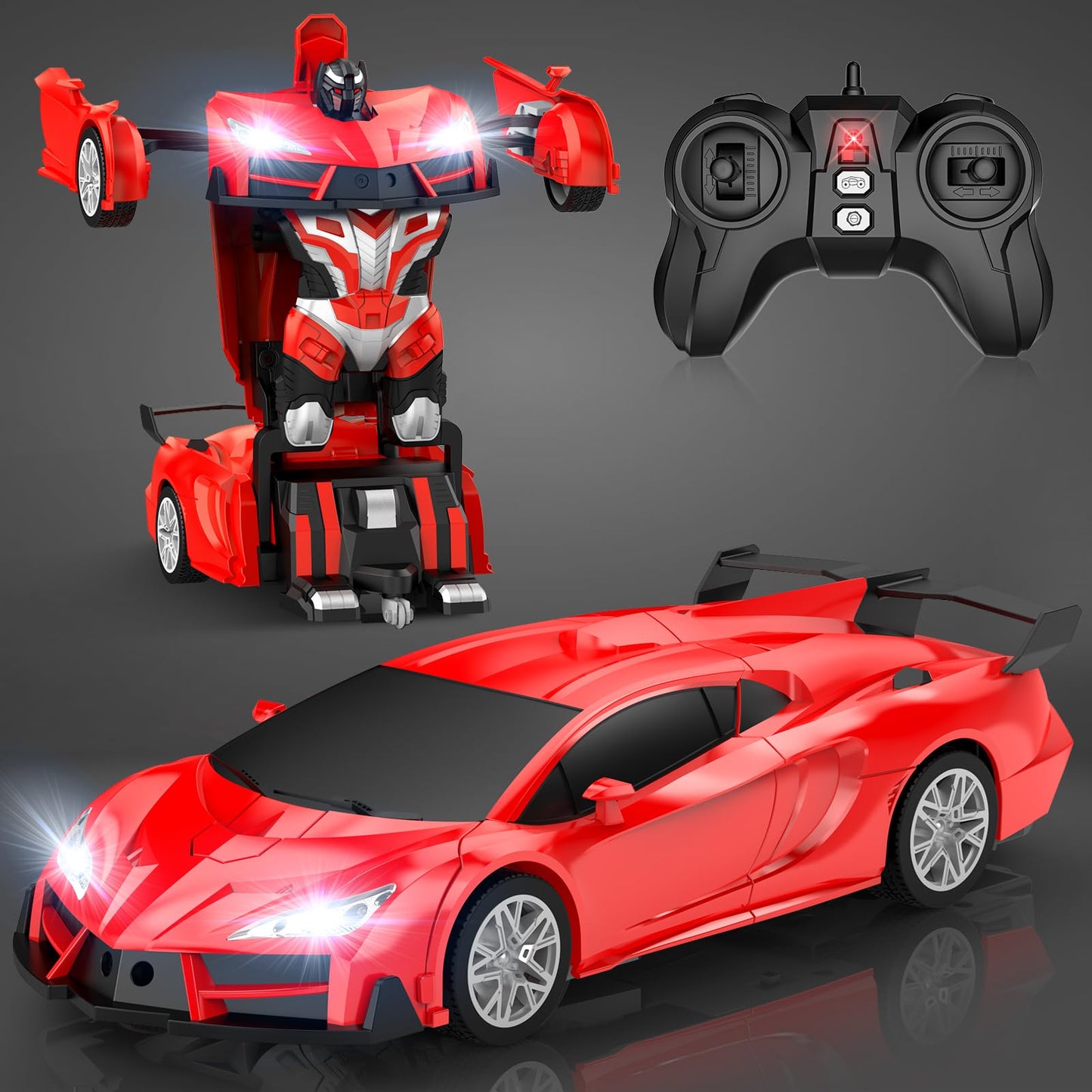 Qumcou Remote Control Car, Transform Robot RC Cars with Cool Headlights, 2.4Ghz kids Toys Car with 360 Degree Rotation and One-Button Deformation, Christmas Birthday Gifts for Boys Girls, Red