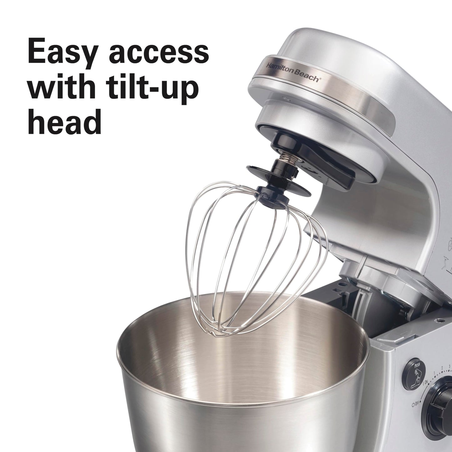 Hamilton Beach Electric Stand Mixer, 4 Quarts, Dough Hook, Flat Beater Attachments, Splash Guard 7 Speeds with Whisk, Silver