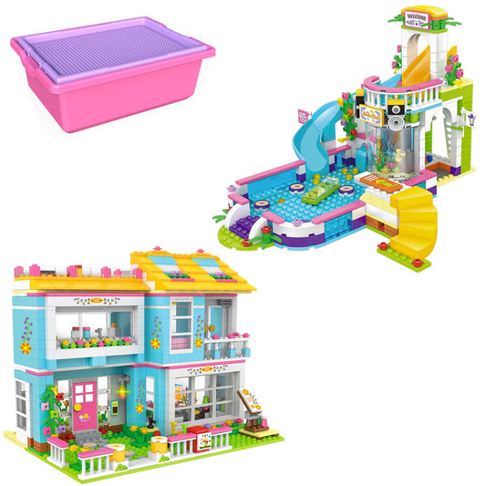 Friends House Pool Party Building Kit, Family House Swimming Pool Water Park Building Set with Storage Box, Creative Roleplay Building Blocks Toy Birthday Gifts for Kids Girls Aged 6-12 (1736 Pieces)