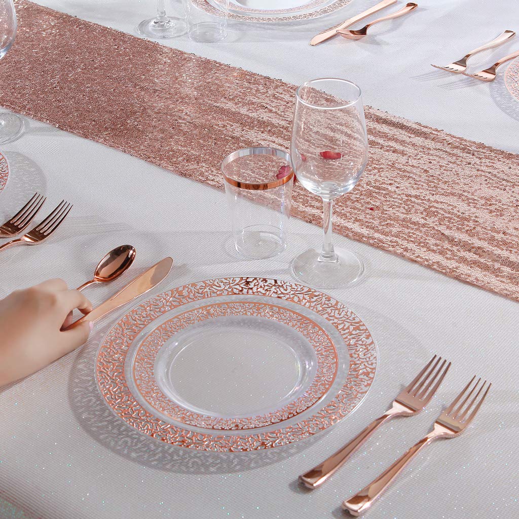 IOOOOO 150 Pcs Rose Gold Plastic Plates & Silverware & Disposable Cups, Laced Design Includes 25 Dinner Plates 10.25" 25 Dessert Plates 7.5" 25 Tumblers 25 Forks 25 Knives 25 Spoons for Party