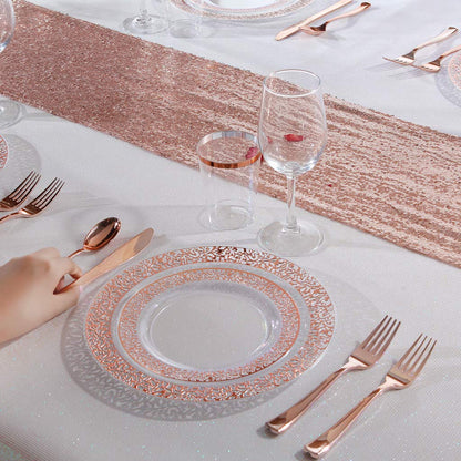 IOOOOO 150 Pcs Rose Gold Plastic Plates & Silverware & Disposable Cups, Laced Design Includes 25 Dinner Plates 10.25" 25 Dessert Plates 7.5" 25 Tumblers 25 Forks 25 Knives 25 Spoons for Party