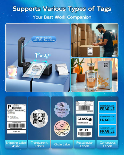 Bluetooth Thermal Shipping Label Printer, 4x6 Thermal Label Printer for Small Business, 2410BT Wireless Label Printers Compatible with iOS Android Phone&Pad&PC, Widely Used for Ebay, USPS, FedEx, etc