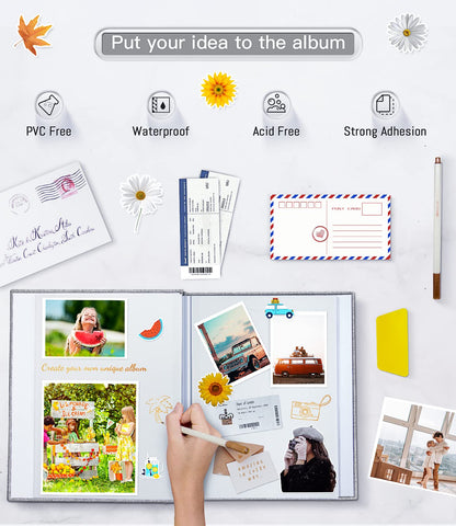 Popotop Photo Album Self Adhesive with Picture Display Window,40 Pages DIY Baby Memory Book for 4x6 8x10 Picture,Linen Cover Scrapbook for Wedding,with Scraper and Metallic Pen