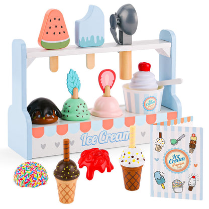 Wooden Ice Cream Counter Play Set for Kids