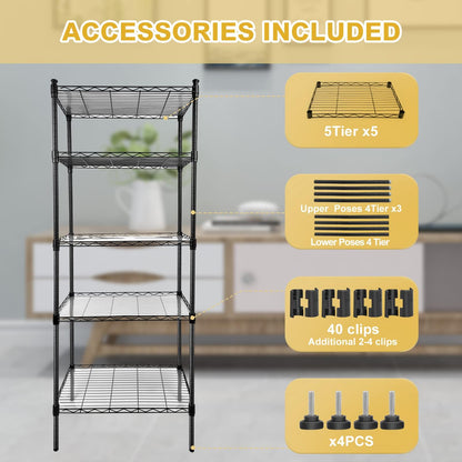 GPRF 5 Tier Shelves Wire Shelving Adjustable Storage and Organization Shelf Units,for Home，Garage，Pantry，kitchen，Office，Bedroom, Closet，Black(23.6" x 13.8" x 59"