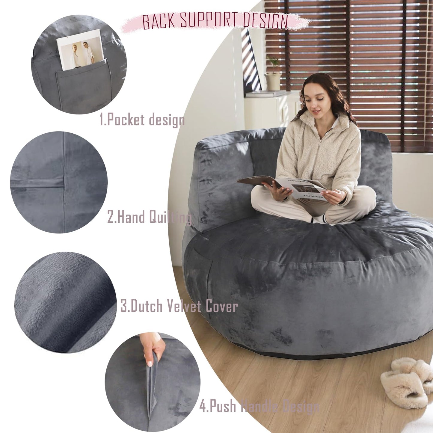 WhatsBedding Back Support Bean Bag Chair for Adults,Kids & Teenagers Bean Bags with Memory Foam Filled,5FT Beanbag Chairs Large Sofa with Dutch Velvet Cover(Grey,Large)