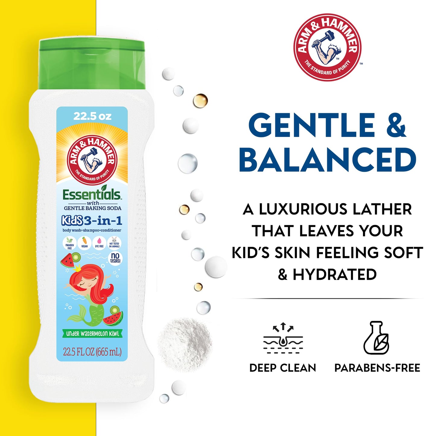 Arm & Hammer Essentials Kids Body Wash - 3-in-1 Watermelon Kiwi 22.5oz - Kids Shampoo and Body Wash And Conditioner - Non Toxic Body Wash