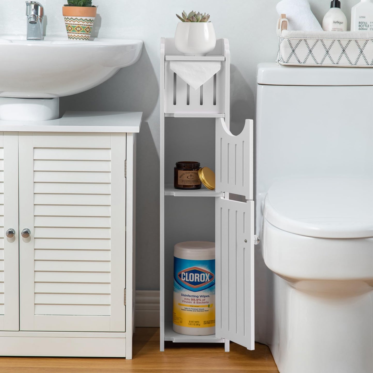 AOJEZOR Bathroom Storage Cabinet: Small Bathroom Storage Cabinet - Toilet Paper Cabinet Fit for Mega Roll - White