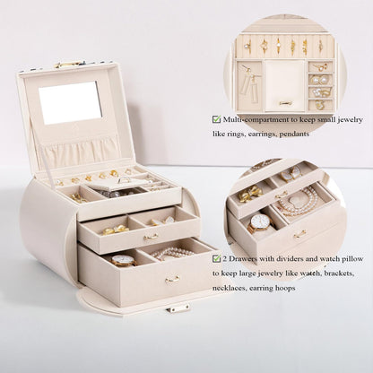 Vlando Jewelry Box Organizer, Leather Mirrored Jewelry Case in Princess Style, Necklaces Earrings Rings Watch Storage Holder, Beige