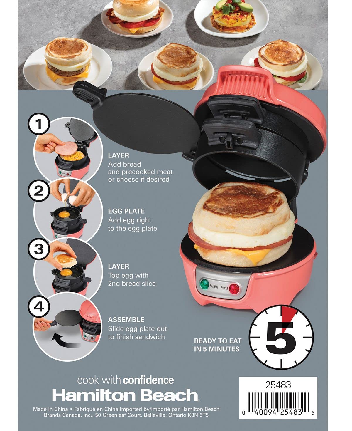 Hamilton Beach Breakfast Sandwich Maker with Egg Cooker Ring, Customize Ingredients, Perfect for English Muffins, Croissants, Mini Waffles, Perfect White Elephant Gifts, Coral (25483)