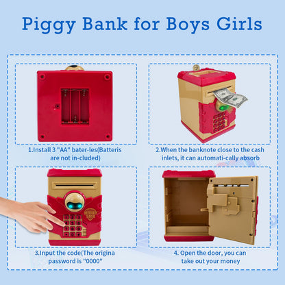 HUSAN Piggy Banks for Kids, Electronic Password Code Money Banks ATM Banks Box Coin Bank for Children Boys and Girls (Khaki Red)