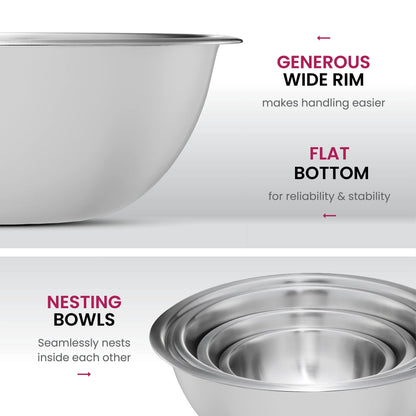 FineDine Stainless Steel Dishware Bowls - Easy To Clean, Nesting Bowls for Space Saving Storage, Great for Cooking, Baking, Prepping, 8 Quarts