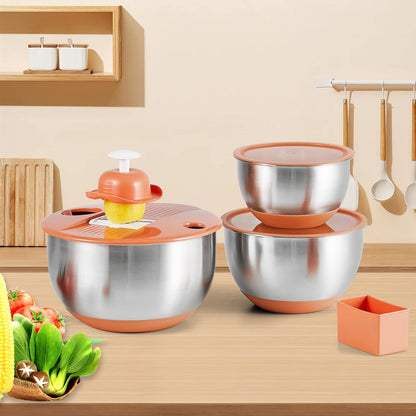 weltonhm Mixing Bowls with Lids Set,3 Pieces Stainless Steel Nesting Bowls Vegetables Slicer Non-Slip Mixing Bowl for Baking Prepping Cooking(Orange)